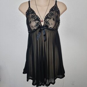 Sheer Black Babydoll Chemise Lace Sequin Bow Lingerie